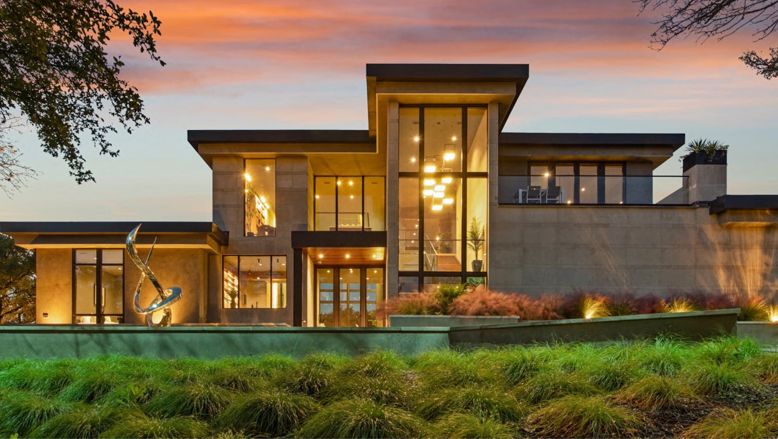 Modern desert home at twilight